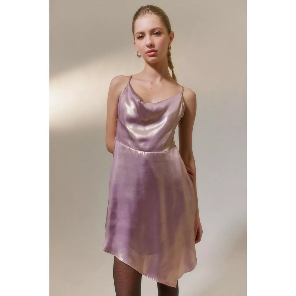Urban Outfitters Pink Metallic Shine Asymmetrical Hem Lined Slip Drape Dress S — image 5 of 8
